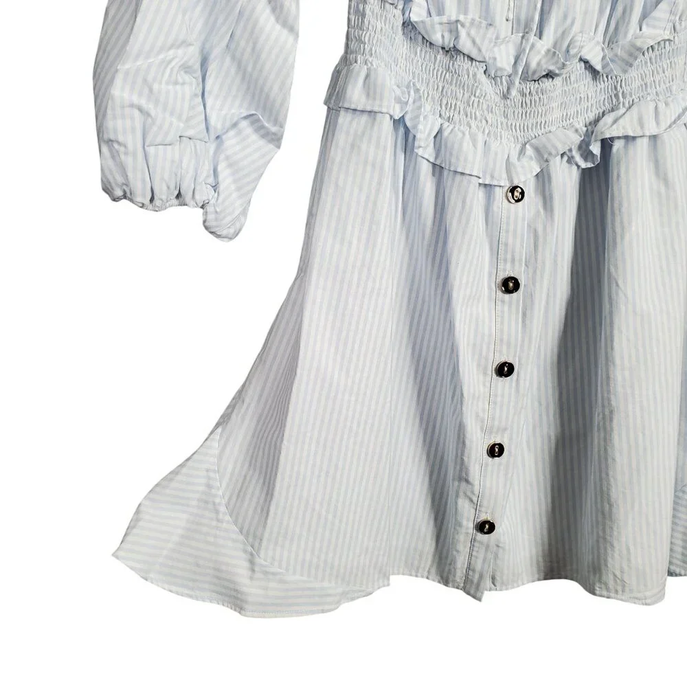 Gianni Bini Size L Dress Off Shoulder Puff Sleeve Coastal Stripe Country Cottage - Picture 9 of 12